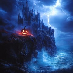 A dark, gothic castle on a cliff, overlooking a stormy sea. Lightning strikes in the distance, and the castle 