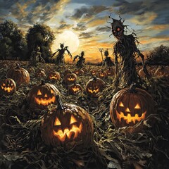 A pumpkin patch at dusk, with carved jack-o'-lanterns glowing ominously. Shadows move among the pumpkins, and scarecrows with twisted faces loom in the background.