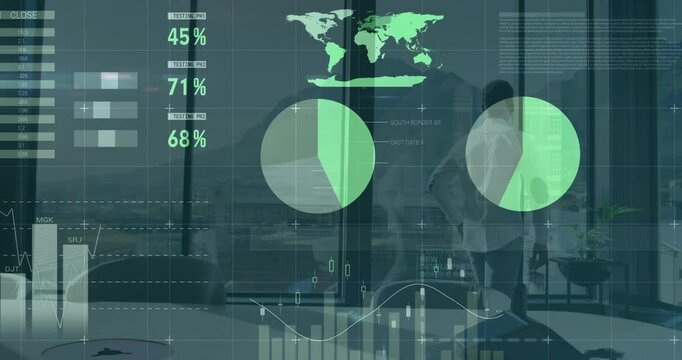 Man standing by office window, interacting with floating green business pie charts and world map