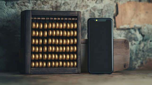 An abacus and a smartphone are placed on a weathered wooden surface.