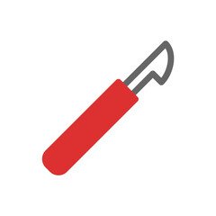 Surgical instrument depiction with red handle and curved gray blade design