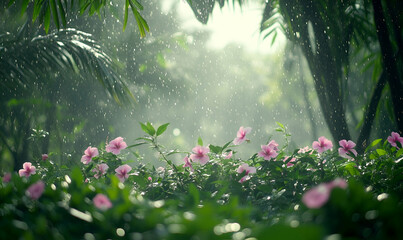 Pink Flowers in Rain Lush Tropical Forest Setting