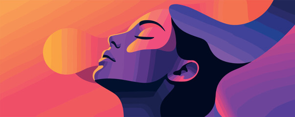 Abstract portrait of a woman in vibrant colors with a sun background.