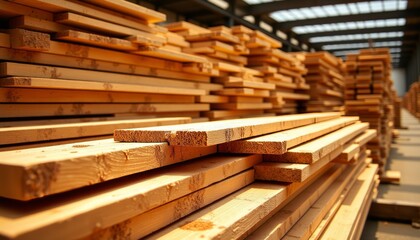 Fototapeta premium A pile of wood is stacked in a warehouse
