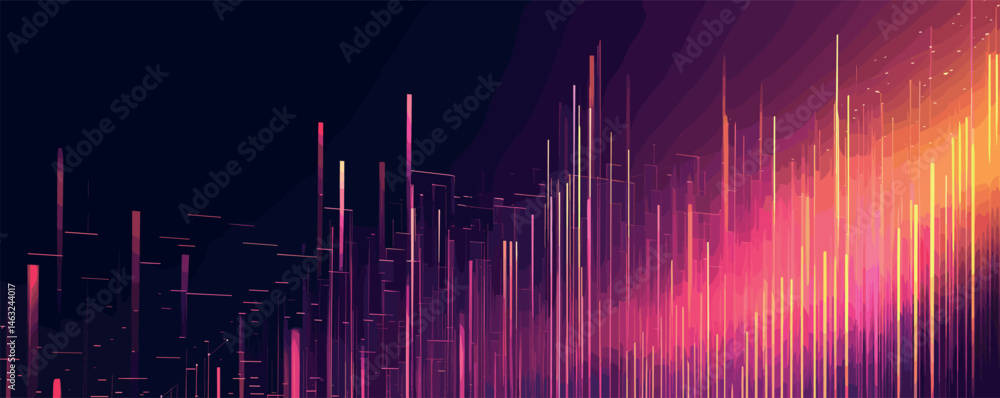 Poster abstract digital sound waves with vertical lines in vibrant colors on dark background.