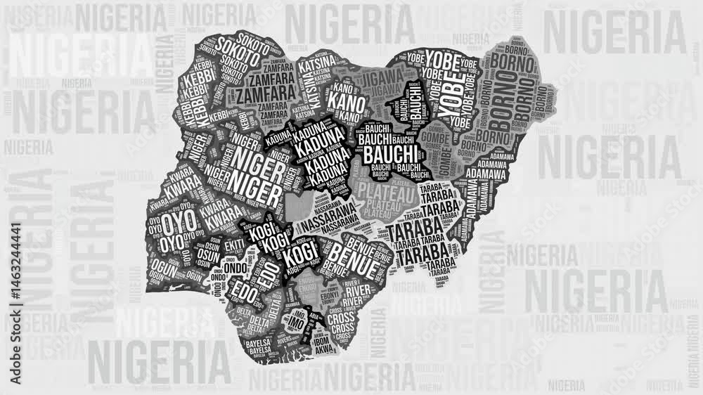 Poster nigeria animation. visual effect of nigeria regions appearing in black and white word clouds style. 