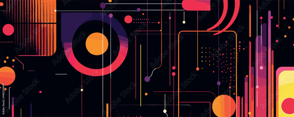 Poster abstract geometric digital art with vibrant colors and dynamic patterns.