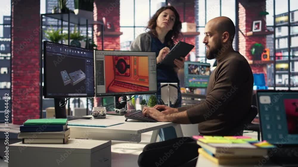 Fototapete Game developer utilizes AI generated program to design spaceship station using deep learning, futuristic environment enhanced by machine learning based solutions and cloud computing. Camera A.