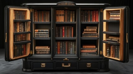 Ornate black wooden library cabinet filled with various books