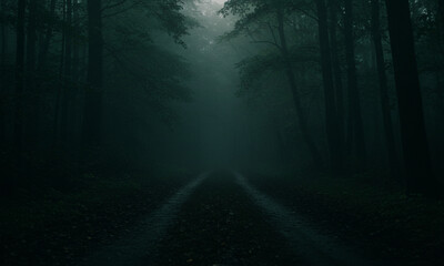 Obraz premium Walking Through Forest Path with Fog and Trees