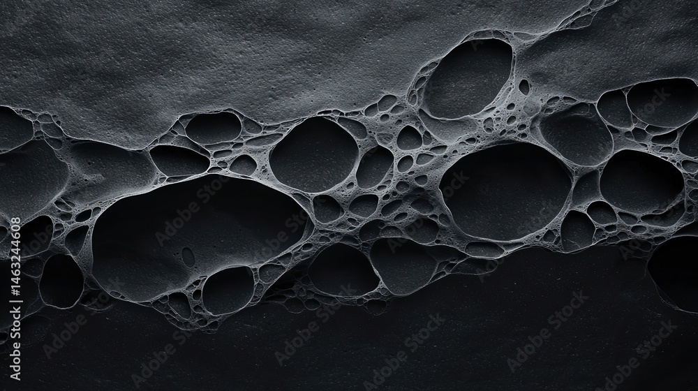 Poster a close-up view of interconnected bubbles forming an abstract, organic pattern on a dark surface.