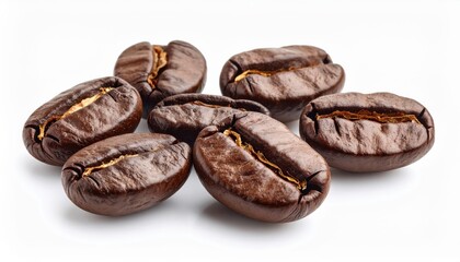 Obraz premium A group of dark roasted coffee beans displayed against a clean white background, showcasing their glossy texture and rich color