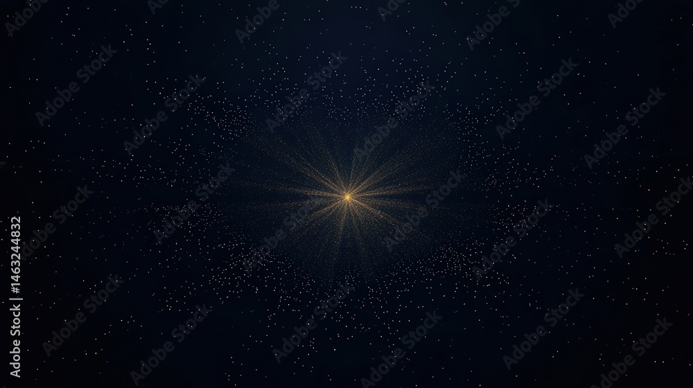 Poster a burst of golden particles radiates from a central point, creating a star-like effect against a dar