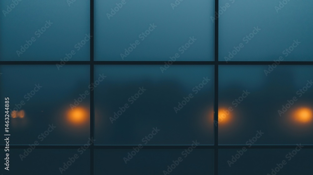 Poster a frosted glass window with soft, blurred yellow lights glowing behind it in a grid pattern at night