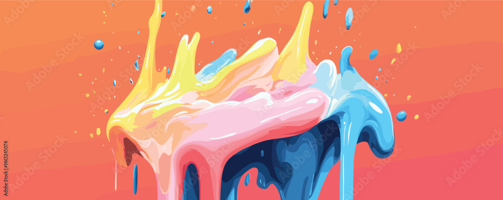 Poster vibrant colorful paint splashes on orange background with dynamic motion and abstract art.