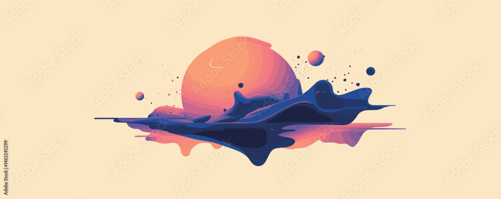 Poster abstract sun with floating shapes and splashes in minimalist design on beige background.