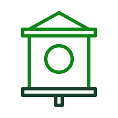 Stylized graphic of a birdhouse in vivid green lines against a plain background