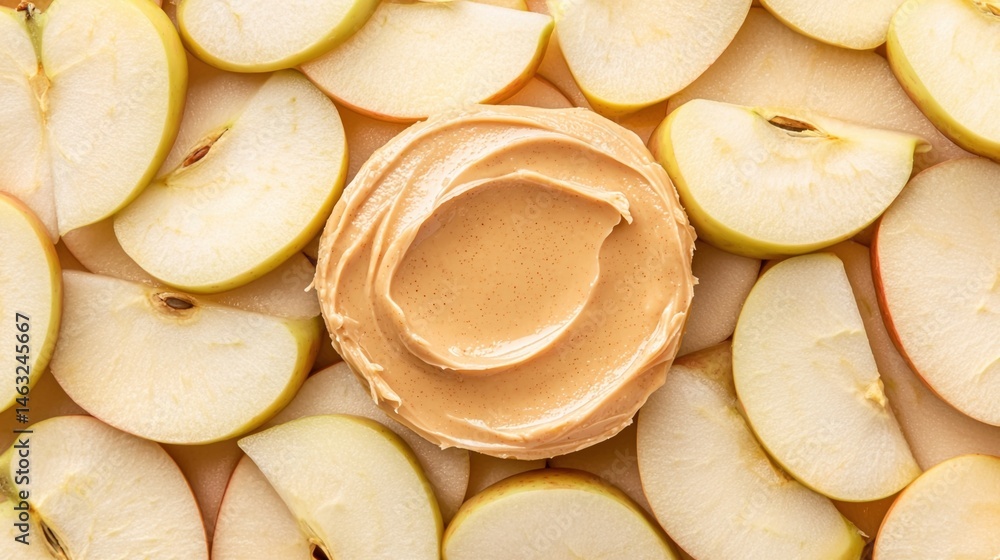 Poster sliced apples are arranged around a swirl of creamy peanut butter, creating a visually appealing and