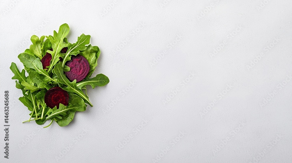 Poster fresh arugula leaves and beetroot slices arranged on a plain light background with minimalist style.