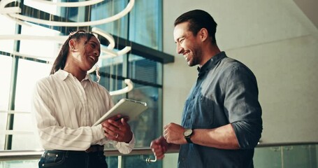 Happy, business people and tablet with handshake for partnership, deal or teamwork at office building. Businessman, woman or colleagues shaking hands with smile for b2b app, agreement or thank you