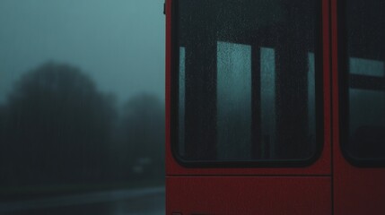 A red bus with rain on its windows, parked on a misty, dark road with blurred trees in the background.