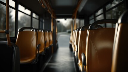 Fototapeta premium empty city bus interior, clean seats, modern design, empty bus during the day, public transport space, interior shot of a bus.