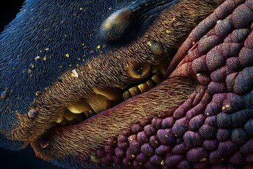 Close-up magnified view of a segmented insect's head.