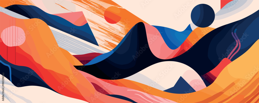 Poster colorful abstract geometric art with dynamic shapes and bold patterns in bright hues.