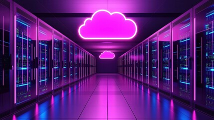 Enhanced Digital Cloud Computing Illustration with Neon Elements