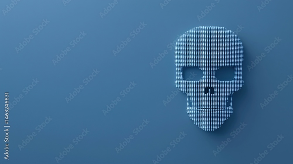 Poster a digital skull made of binary numbers on a blue background symbolizes cyber threats and data securi