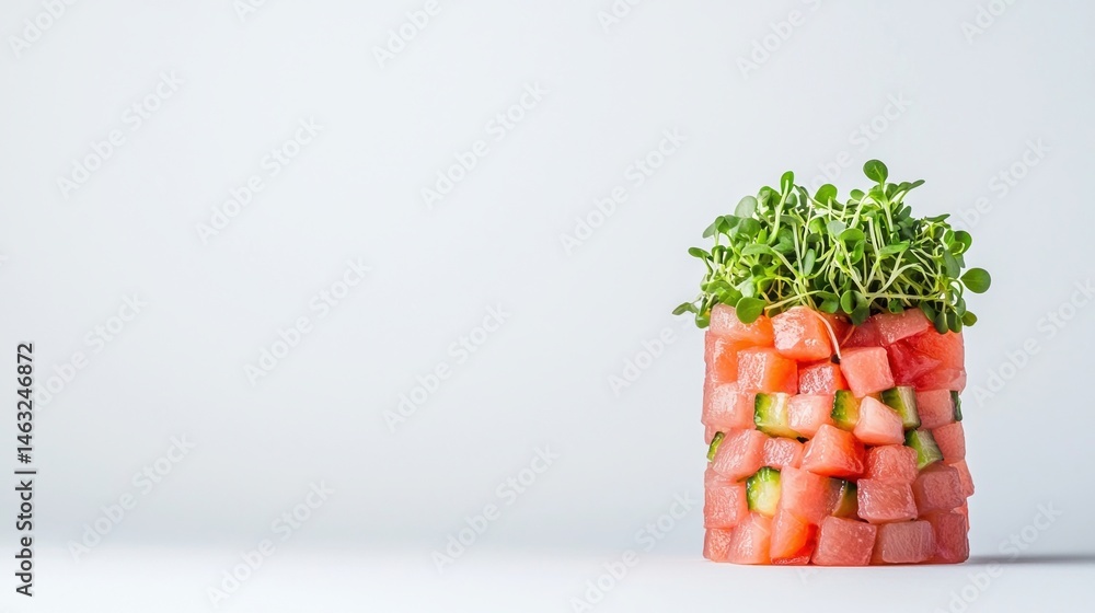 Poster a creative stack of diced watermelon and cucumber topped with fresh microgreens on a minimal white b