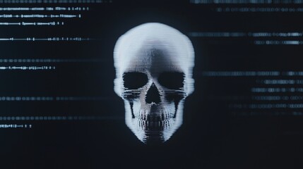 A digital skull with glitchy horizontal lines appears on a dark background with code, evoking themes of hacking and cyber threats.
