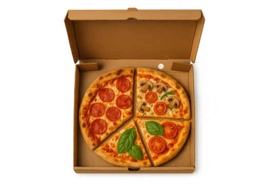 Pizza box with slice of pizza inside, topped with melted cheese and pepperoni, isolated on transparent background.