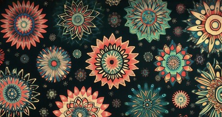 Floral pattern of stylized flowers in various colors on a dark background.  Detailed intricate designs with a mix of  pastel and bold hues, creating a visually rich and textured look