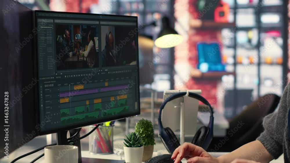 Poster filmmaker specialist working on a professional video shoot using artificial intelligence to turn tex