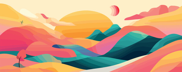 Colorful abstract landscape with surreal mountains and sunset sky in a modern style.