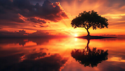 A tree silhouetted against the fiery sunset over an ocean, with clouds reflecting on the calm waters