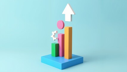 A 3D illustration of a colorful bar chart with an arrow going up.