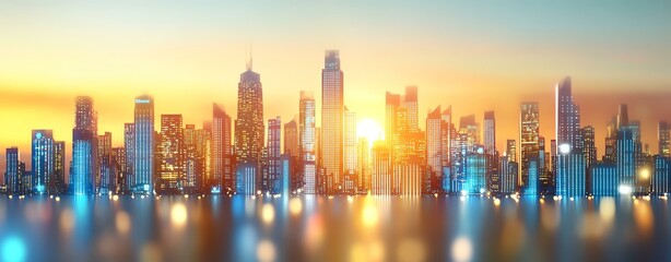 A bustling atmosphere in the big city A stunning city skyline at sunset, showcasing towering skyscrapers reflected in the water, creating a serene urban landscape.