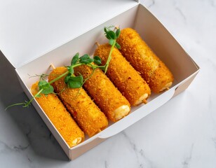 Crispy Golden Cheese Rolls in Takeaway Box with Fresh Green Sprouts on Marble Surface