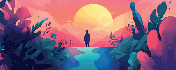 Silhouette of a person at sunset with vibrant nature and large setting sun.