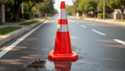 A red and white cone is on the road