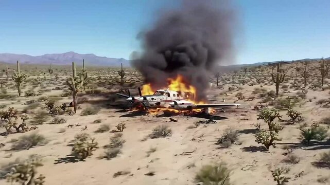 Plane crash aftermath burning aircraft wreckage in arid desert landscape scenery aviation tragedy
