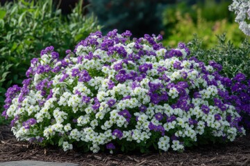 Obraz premium A delicate cluster of white and lavender sweet alyssum flowers in full bloom, spreading across a garden bed with soft morning light. --ar 3:2 --v 6.1 Job ID: 7bc8beda-301b-496c-a902-712b791778a6