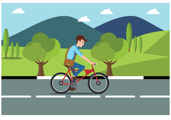 Naklejka premium People rides a sports bike on a park road with friend, Vector Illustration 