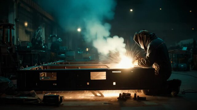 Welding process in industrial setting silhouette of a worker engaged in manufacturing operations with bright sparks and intense light