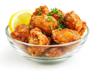 Fried chicken meat with lemon and curly lettuce in a glass bowl, isolated on a white background