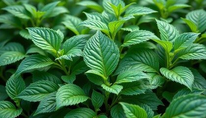 A lush green field of plants with leaves that are wet