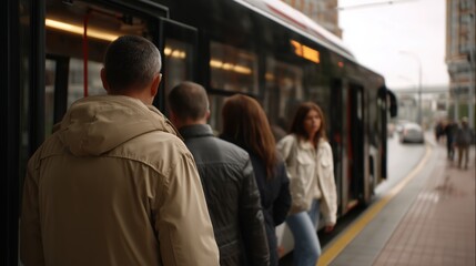 people getting off the bus at a station, city bus, urban transport, commuters, daily routine, morning rush hour. 