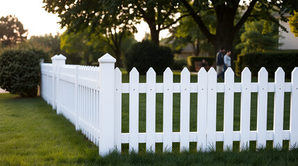 A pristine white picket fence standing on neatly cut green grass, symbolizing home, tradition, and simplicity in suburban life..